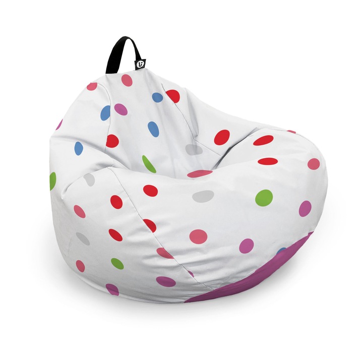 Husa exterioara Updeco Puf Bean Bag tip Para XL, fara umplutura, impermeabil, cu maner, 90 x 90 x 60 cm, alb cu buline multicolore