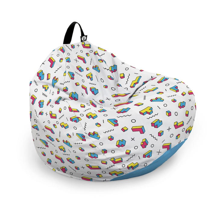 Külső burkolat Updeco Pouf Babzsákfotel, Körte XL típus, töltés nélkül, vízálló, szobai/szabadtéri, belső táska, fogantyúval, 90 x 90 x 60 cm, memphis tetris