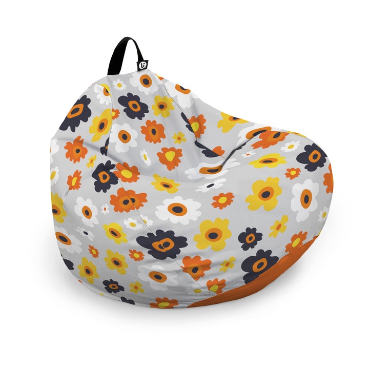 Husa exterioara Updeco Puf Bean Bag tip Para XL, fara umplutura, impermeabil, cu maner, 90 x 90 x 60 cm, daisy fundal gri