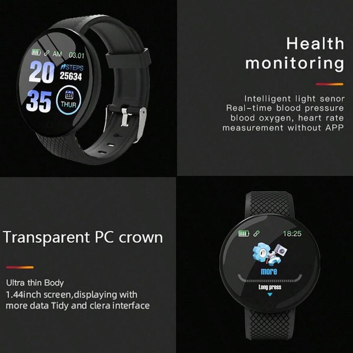 Smartwatch, Silicon, Port USB, Ecran tactil 1.44 inch, Negru
