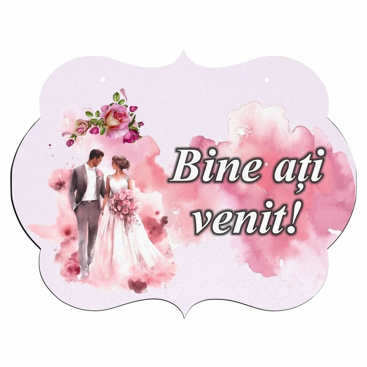 Pancarta Bine Ati Venit, Nunta, Roz, 40x31cm, PBUV032