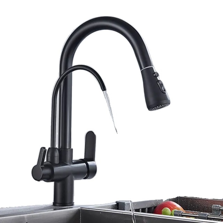 Konyhai csaptelep vízszűrővel, 2/3 utas, fekete, arany, króm