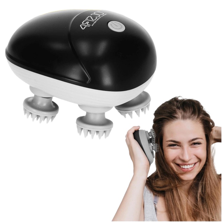 Fejbőrmasszírozó, 4FIZJO, Hajnövekedéshez, Javítja a vérkeringést, Csökkenti a stressz-szintet, Szilikon fejek, 1150mAh, Teljesítmény 5W, 3 sebesség, IPX7 vízálló, Fehér színű