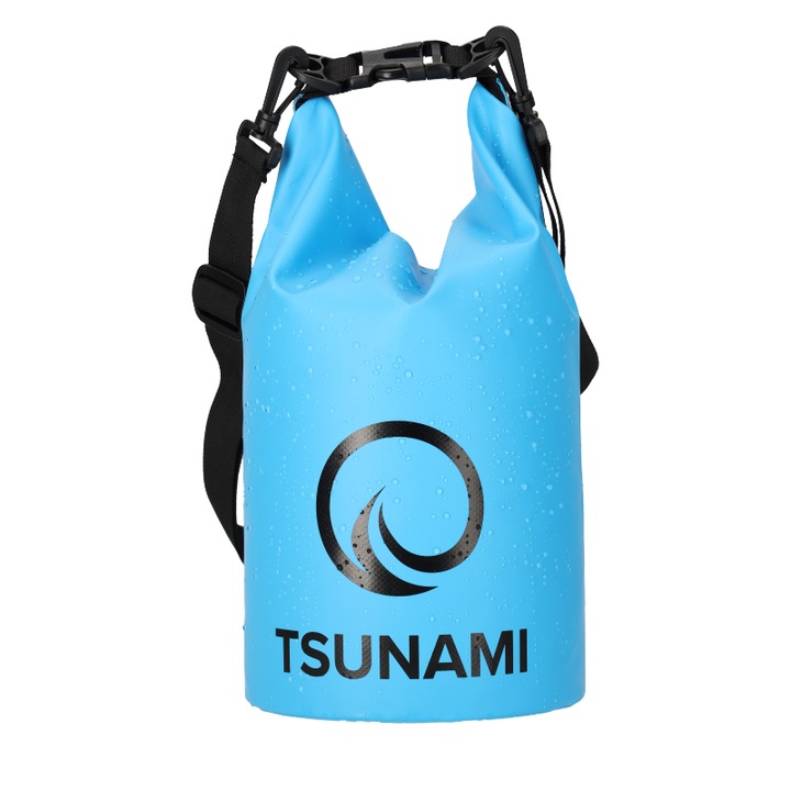 Geanta impermeabila, TSUNAMI, 5L, sac sport Dry Bag compact, rezistent la apa, praf si raze UV, inchidere roll-top, curea reglabila, ideal pentru SUP, caiac, plaja, drumetii, ciclism, pastreaza obiectele uscate, albastru