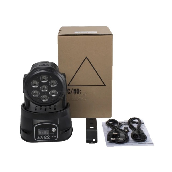 Lumina LED Moving Head, 7x12W RGBW, 14 canale DMX, unghi 25°, 16.8x15.9x24.2cm, set lumini