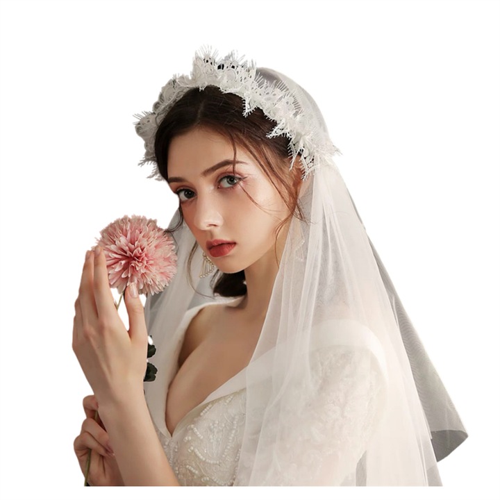 Voal de mireasa, BOMSTOM, Tul, Strat dublu, Coroana din plasa de dantela, 90 cm, Alb