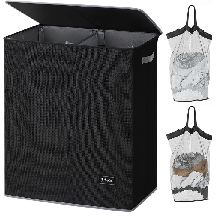 Cos de Rufe Elindor® Dublu, Pliabil si Impermeabil, cu Capac si 2x Sac de Haine Murdare Detasabil, Recipient Sortare Dreptunghiular de 145 L, Ideal pentru Baie Casa sau Hotel, 57 x 38 x 67 cm, Material Oxford, Negru
