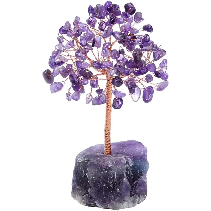 Copacel Feng Shui Decorativ, 13-14 cm cu pietre semipretioase Ametist, si baza din cristal natural pentru noroc, sanatate, echilibru, dragoste si prosperitate