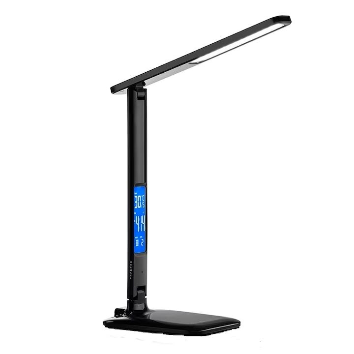 Lampa led de birou, IOMALEXI, incarcare wireless pentru IOS Android, 10W, 3 moduri lumina rece/calda si 5 intensitati, control tactil, pliabil, USB, adaptor, display inteligent, negru