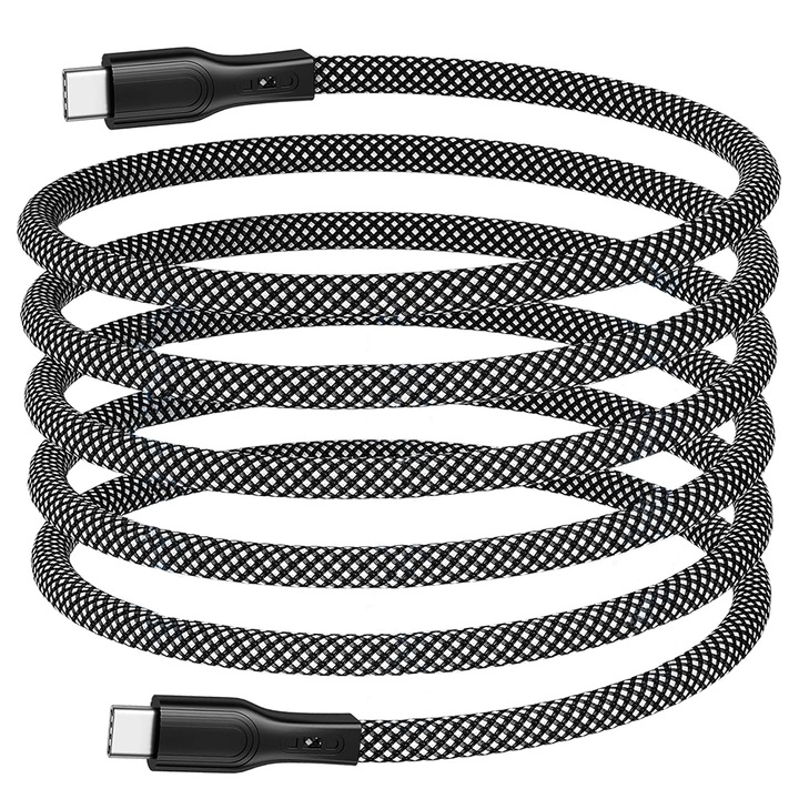 Cablu Date si Incarcare, magnetic, USB-C la USB-C, incarcare rapida, lungime 1m, curent maxim 3A, 100W, miez de cupru, performanta sporita, impletit cu nylon, rezistent la uzura, Negru, OptimStar®