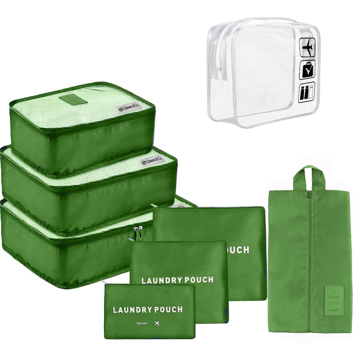 Комплект от 8 калъфа за организация на багаж, Quasar & Co., органайзери за куфари, Зелен