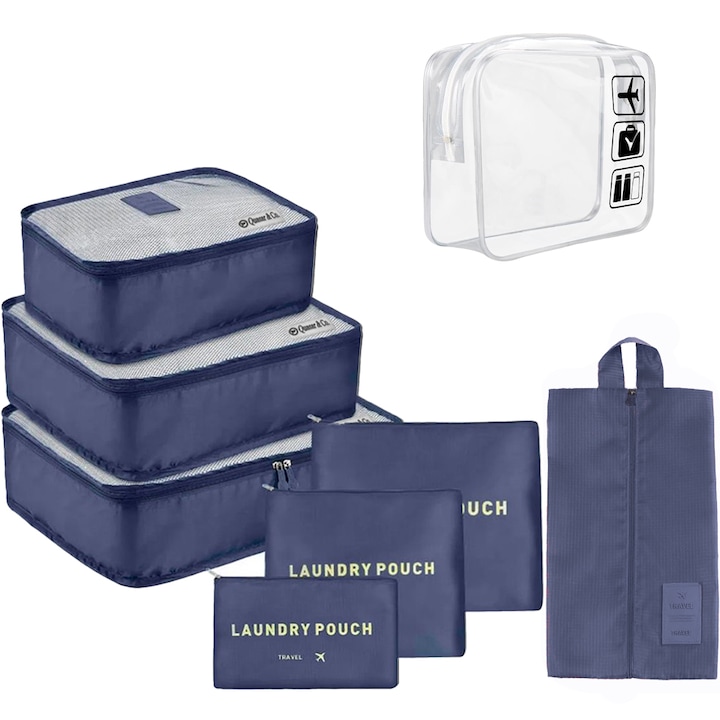 Комплект от 8 калъфа за организация на багаж, Quasar & Co., органайзери за куфари, Тъмно син деним