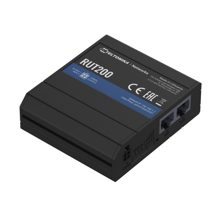 Router industrial LTE Teltonika RUT200, 4G/LTE Cat.4, 2 porturi LAN 100 Mb/s, WiFi 2,4 GHz, suport RMS, conectivitate sigura si stabila pentru aplicatii industriale, monitorizare si control la distanta, ideal pentru IoT si retele mobile profesionale