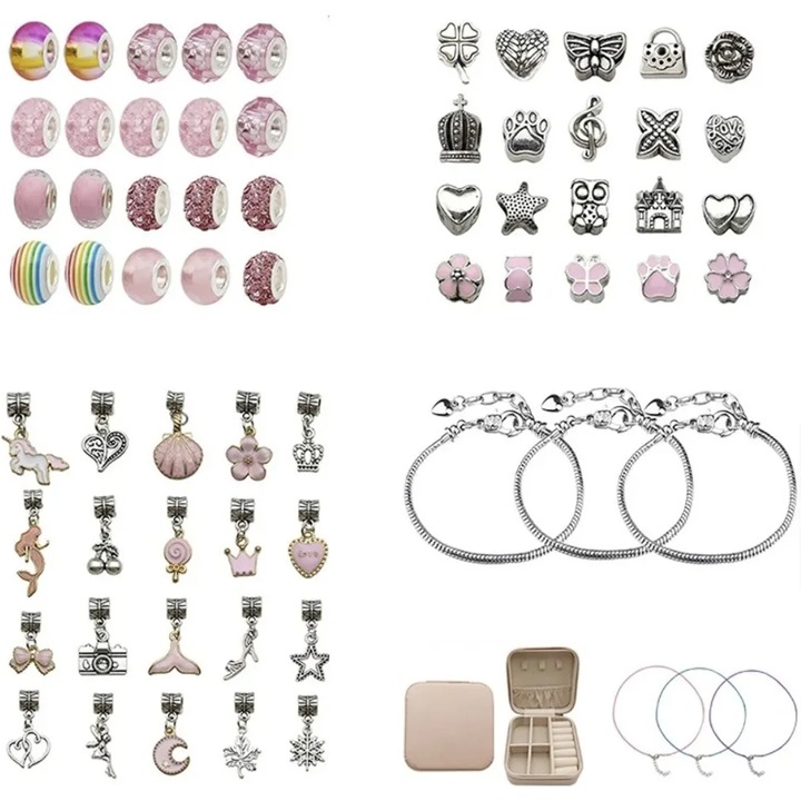 idealSTORE Комплект за създаване на гривни и колиета, включва 69 елемента, 3 основи за колиета, 3 гривни, висулки в различни форми, включва кутия с цип за съхранение, развива артистични умения