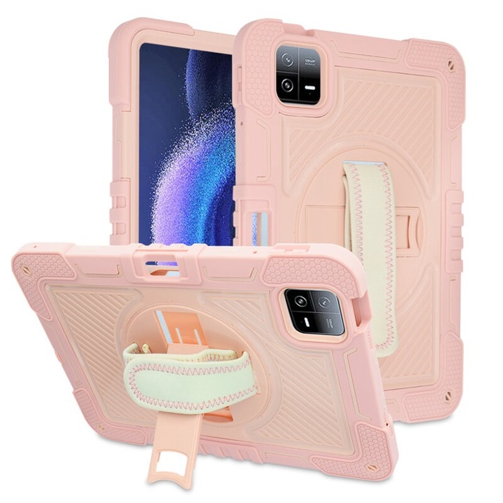 Xiaomi Pad 6/6 Pro 11" StripeShell kompatibilis tablet védőtok, állvánnyal és fogantyúval, állítható vállpánttal, szilikon, rózsaszín