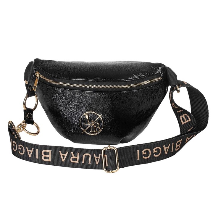 Geanta de talie de dama la moda, din piele ecologica, husa neagra Laura Biaggi, cu buzunar exterior