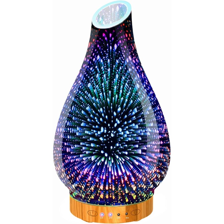 Difuzor aromaterapie cu uleiuri esentiale, sticla, 3D LED, umidificator