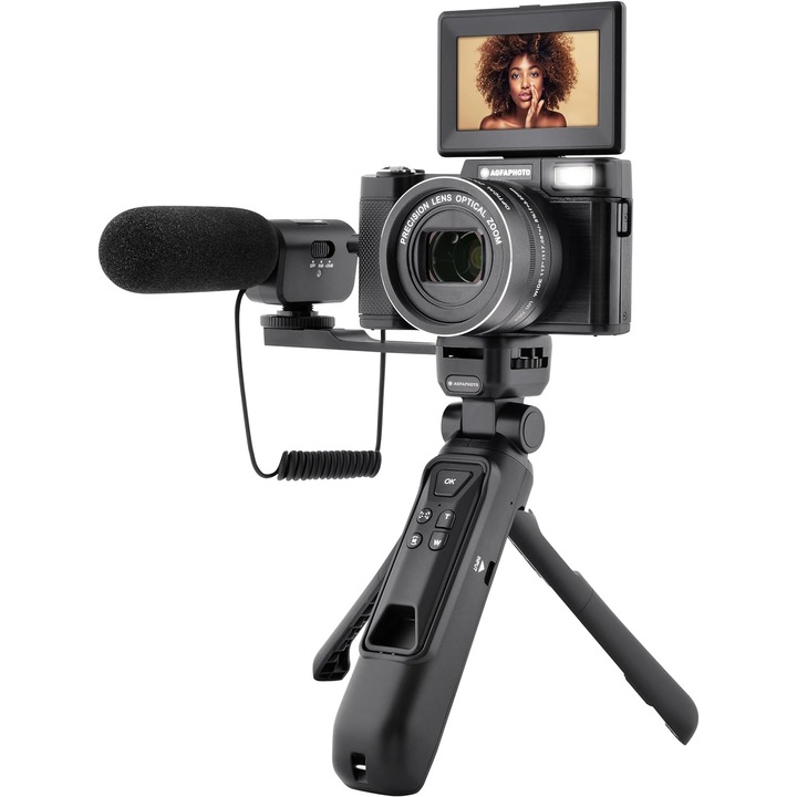 Комплект фотоапарат за vlogging Agfaphoto Realishot VLG-4K, 4K камера, 5X оптично увеличение, включва статив с външна батерия, дистанционно управление, микрофон, 32GB карта