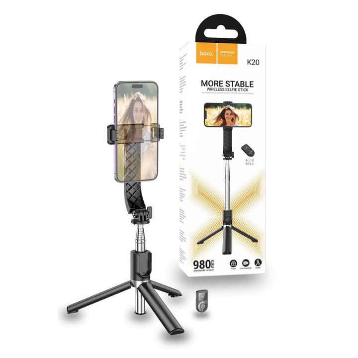 Selfie Stick si Trepied, Hoco K20, Telecomanda si Bluetooth, Extindere telescopica, Negru