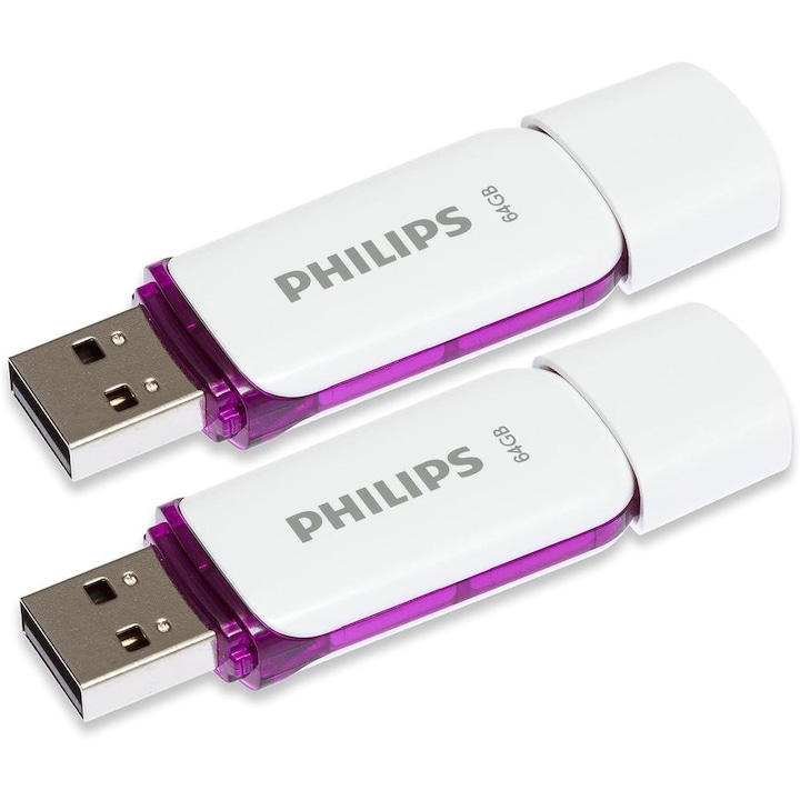 Stick USB Philips USB 2.0, pachet de 2, 64GB Snow Edition Alb/Mov