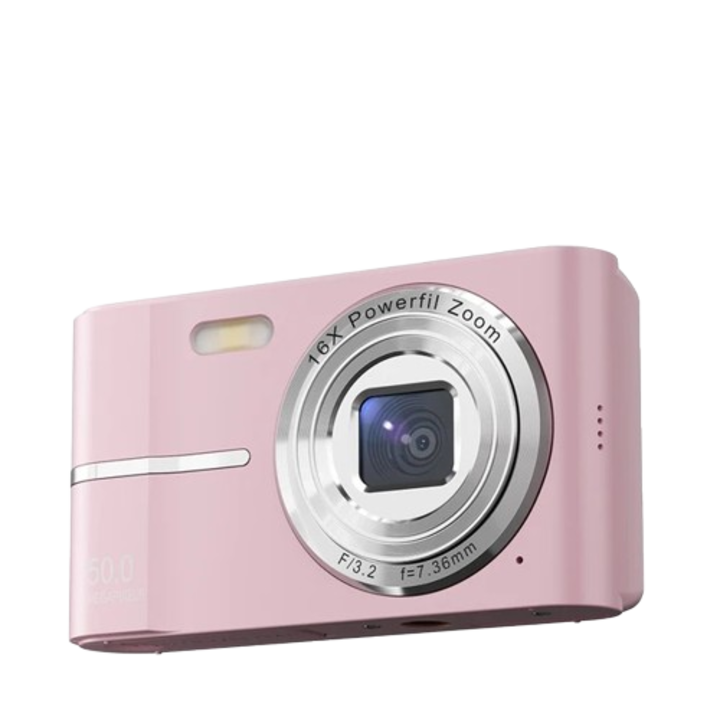 Camera foto compacta pentru copii, roz, 50MP, 1080P, ecran 2.4 inch, 16x zoom, set cu card 32GB
