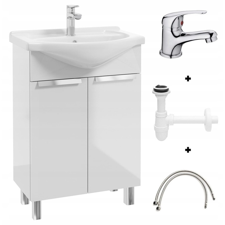 Set mobilier baie DomoDomo, alb lucios, cu lavoar si baterie crom, 60x85x43.5cm