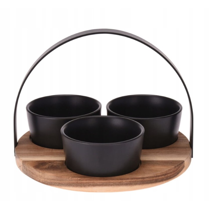 Set 3 Boluri pentru servire, EH, Ceramica, Tava Lemn, 120 ml, 20 x 20 x 14 cm, Negru