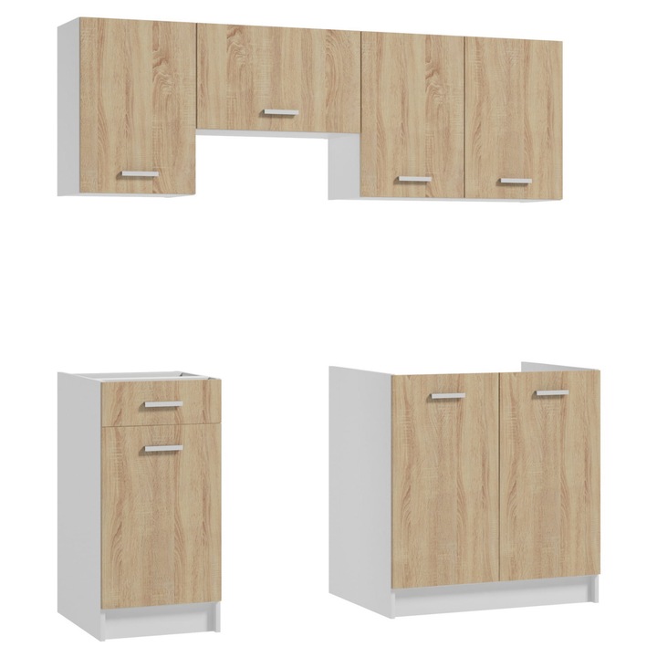 Set mobila bucatarie DomoDomo FIRST, 5 piese, sonoma stejar/alb, 180x180x44.5cm, PAL