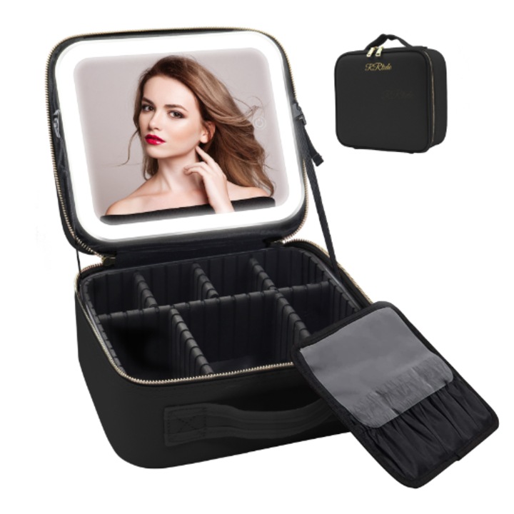 Козметична чанта с LED огледало Smart Pulse, Регулируеми отделения, Подходяща за организиране на козметика у дома или в движение, Професионална, черна