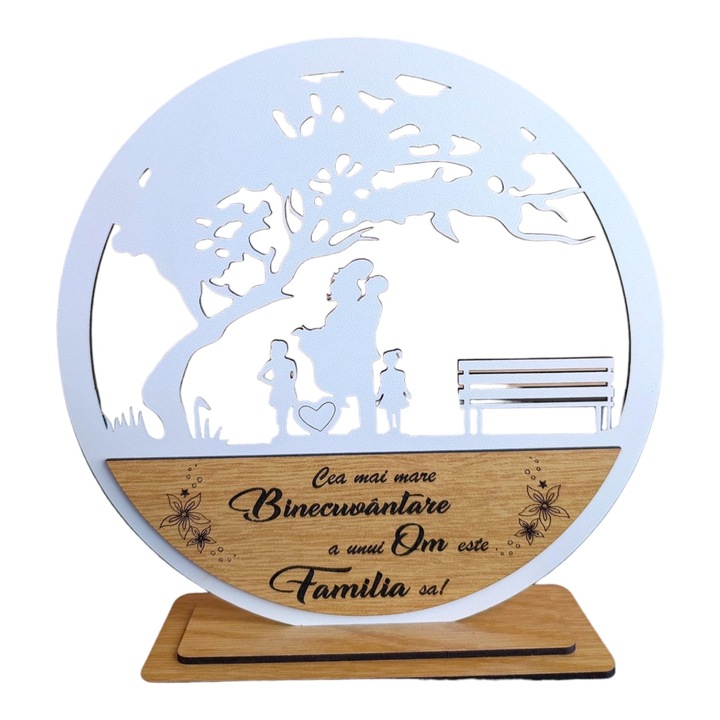Decoratiune tablou copacul, blank pentru licheni stabilizati, personalizat cu mesaj standard pentru, familie, fini, nasi, "Cea mai mare binecuvantare a unui om..." dimensiune 20cm, model 3, alb