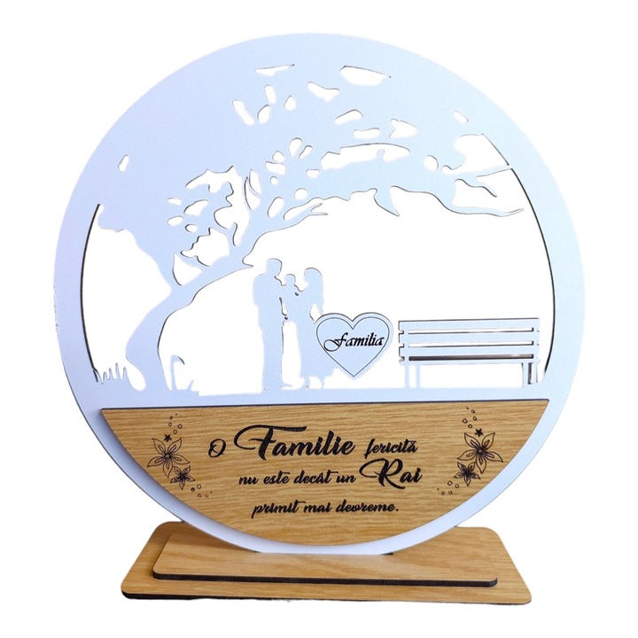 Decoratiune tablou copacul, blank pentru licheni stabilizati, personalizat cu mesaj standard pentru familie, nasi, prieteni, "O familie fericita nu este decat un Rai primit mai devreme..." dimensiune 20cm, model 1, alb