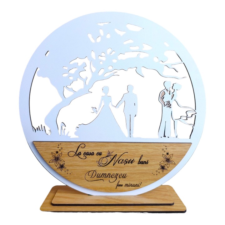 Decoratiune tablou copacul, blank pentru licheni stabilizati, personalizat cu mesaj standard pentru, nasi, "La casa cu nasii buni, Dumnezeu face minuni!" dimensiune 20cm, model 1, alb