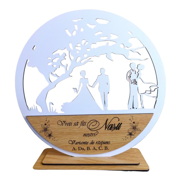 Decoratiune tablou copacul, blank pentru licheni stabilizati, personalizat cu mesaj standard pentru, familie, fini, nasi, "Vreti sa fiti nasii nostri cu variante de raspuns .." dimensiune 20cm, model 1, alb