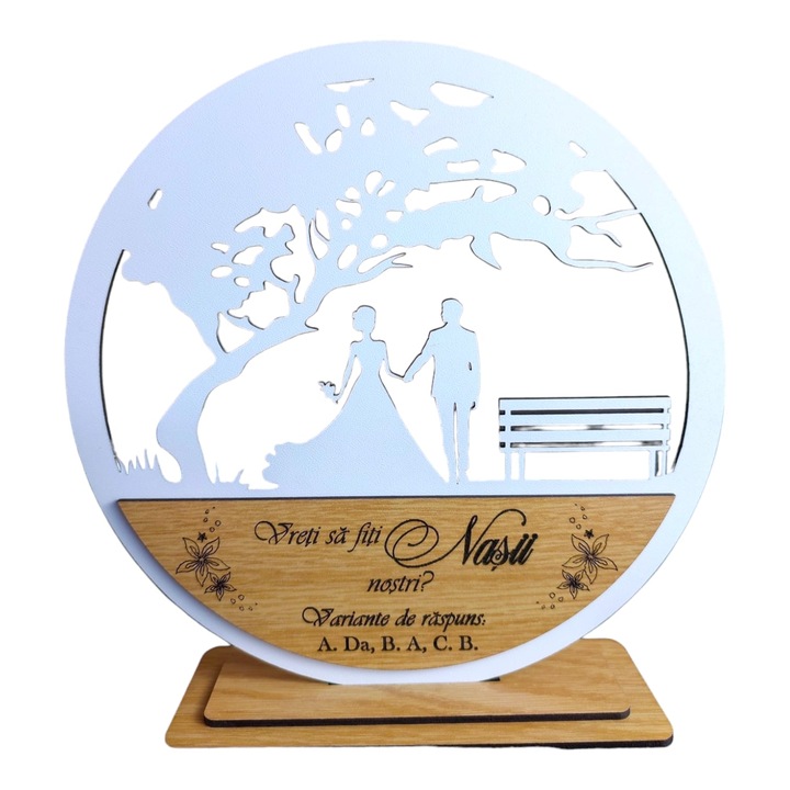 Decoratiune tablou copacul, blank pentru licheni stabilizati, personalizat cu mesaj standard pentru, familie, fini, nasi, "Vreti sa fiti nasii nostri cu variante de raspuns .." dimensiune 20cm, model 2, alb