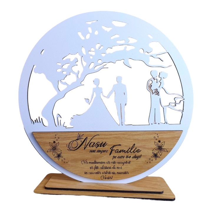 Decoratiune tablou copacul, blank pentru licheni stabilizati, personalizat cu mesaj standard pentru, familie, fini, nasi, "Nasii sunt singura familie pe care ti-o alege!" dimensiune 20cm, model 2, alb