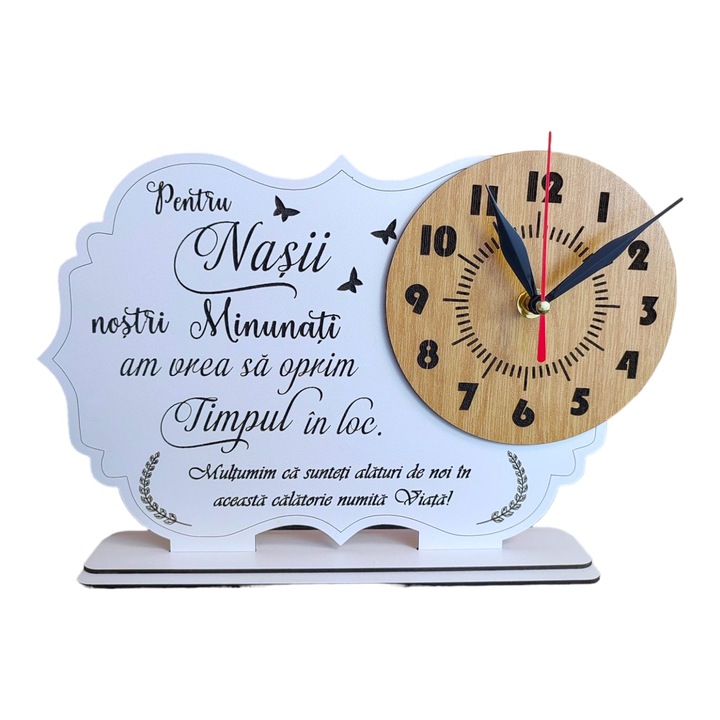 Tablou cu ceas personalizat cu mesaj standard pentru nasi, "Pentru nasii nostri minunati...", dimensiune 30x20cm, cadran maro, model2, alb