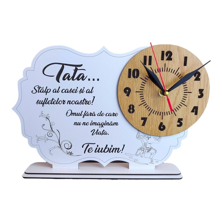 Tablou ceas personalizat cu mesaj standard pentru tata, dimensiune 30x20cm, cadran maro, model 2, alb
