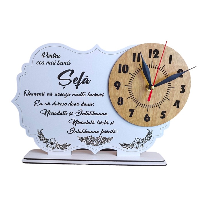 Tablou ceas personalizat cu mesaj standard pentru sefa, manager, dimensiune 30x20cm, cadran maro, model 2, alb