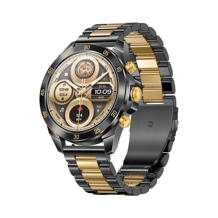 Смарт Часовник Smartwatch SolMi NX1 Pro, Елегантен, метален корпус, каишка с неръждаема стомана, приложение Fitcloudpro, златно и черно