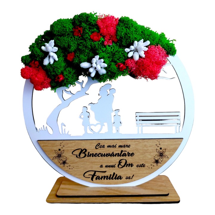 Tablou copacul vietii personalizat cu mesaj standard pentru nasi, fini, prieteni, familie, "Cea mai mare binecuvantare a unui om...", decorat cu licheni stabilizati, dimensiune 20cm, model 4, alb