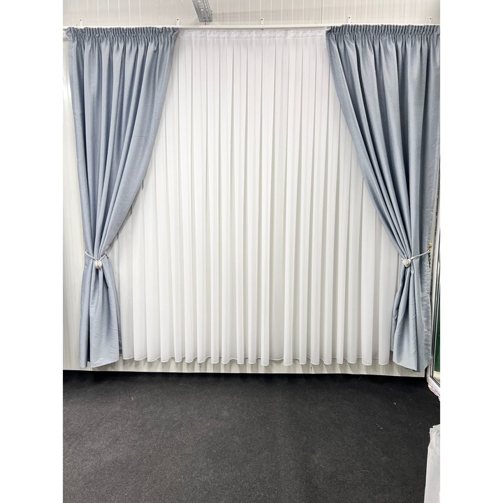 Комплект от 2 затъмняващи завеси върху ленена текстура, бледосини, изработени от плат с ширина 10 см, 2x300x250 cm