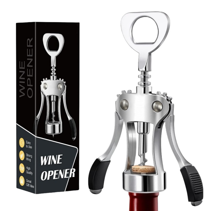 Tirbuson pentru vin rosu, multifunctional, otel inoxidabil, 19cm, Argintiu