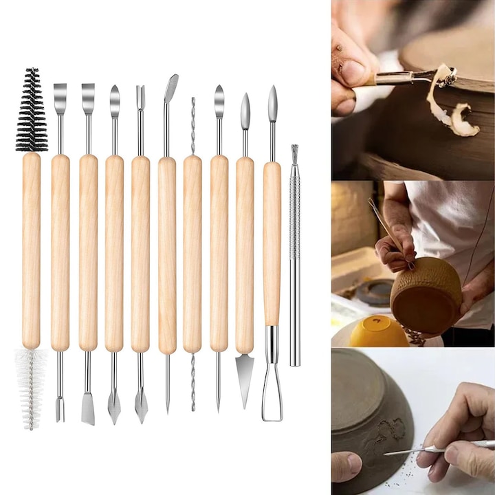 Set 11 unelte pentru sculptura, NUODWELL, Cu maner din lemn si doua capete, Maner ergonomic, Confortabil de tinut in mana, Usor de curatat, Pentru sculptura in ceara, lut, ceramica, Lemn/Otel inoxidabil, Natural