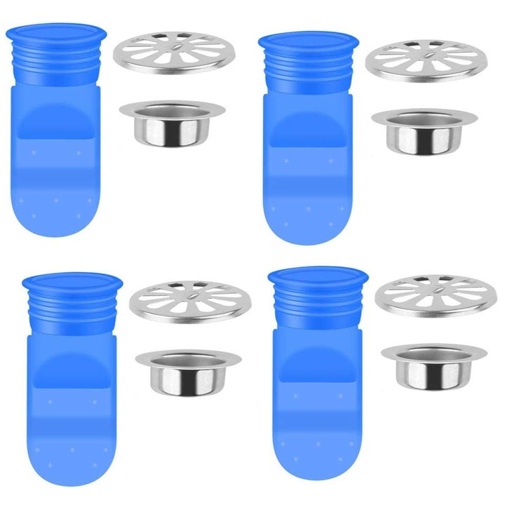 Комплект от 4 филтъра за подов канал, Darklove, против запушване, против миризми, лесен за инсталиране, силикон/неръждаема стомана, 9,5*5 см, син