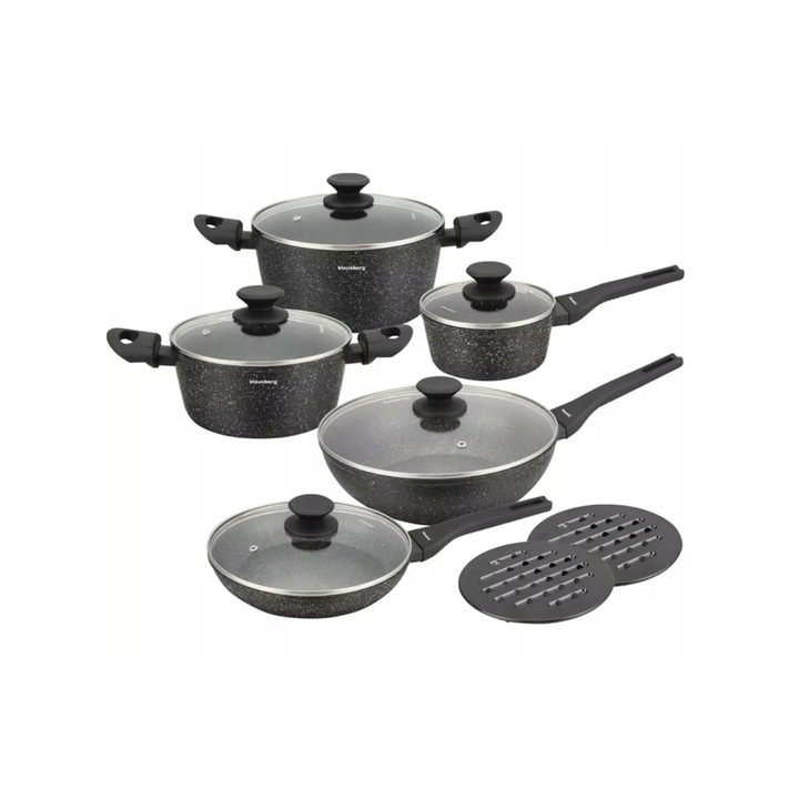 12 darabos készlet, edény fedővel 4,4l, 2,4l, 1,2l, serpenyő 28cm, 24cm, alumíniumöntvény, márványozott, Klausberg