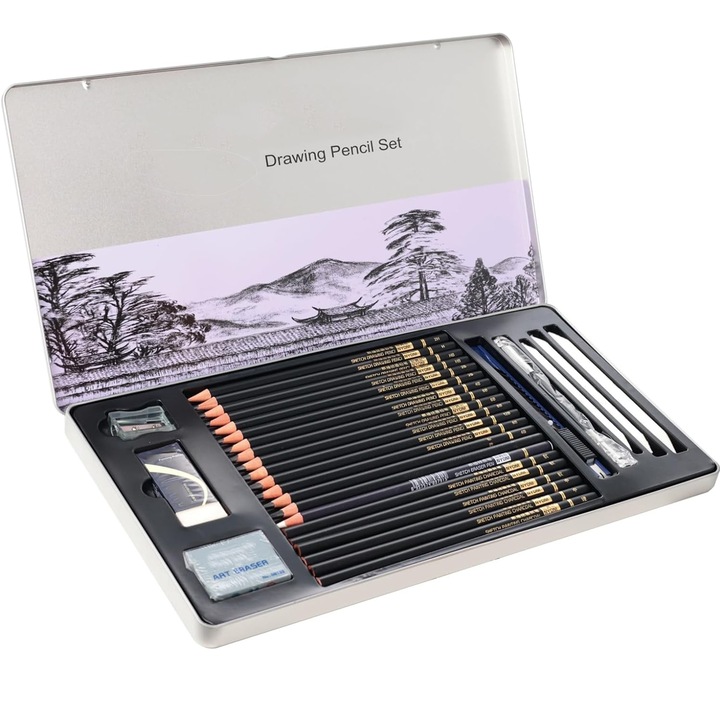 Set 30 creioane grafit, SINBINTA, Incluse Creioane cu carbune, cutit de arta etc, Miezul de plumb este stabil, Ecologic si non-toxic, Instrumente profesionale de arta, Pentru pictura, schita, graffiti etc, Metal, 33*18cm, Negru/Alb