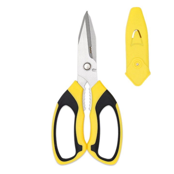 Foarfeca de bucatarie, enkourakoko®, multifunctionale alimentare din otel inoxidabil pentru pasare, peste, carne, ierburi, Galben/Negru