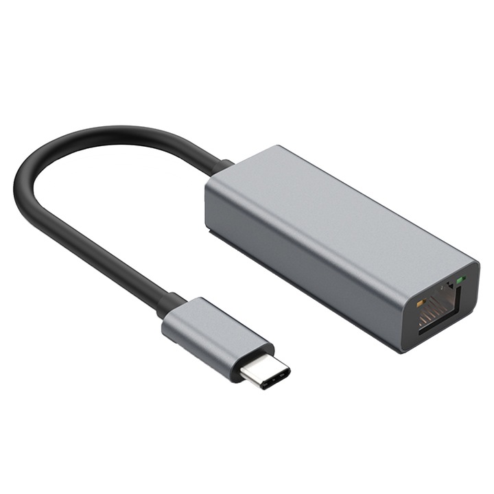 Адаптер за мрежова карта, Hggzeg, USB Type-C-RJ-4510/100Mbps, 10/100Mbps, Plug and play, С индикатор за захранване, OTG поддръжка, Преносимост, Подходящ за лаптопи, Таблети, Мобилни телефони, 6,2 x 2,7 x 1,5 cm, Сив
