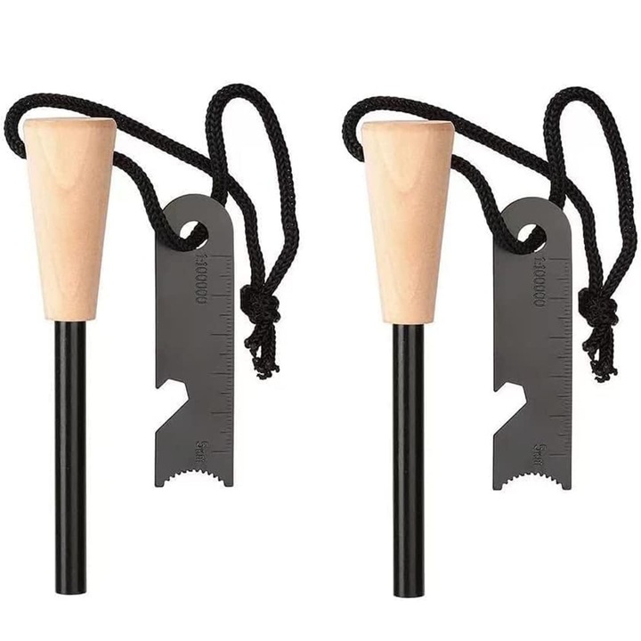 Комплект от 2 кремъчни магнезиеви камъка, Axroad Mall, С отварачка за бутилки, Водоустойчив, Неплъзгащ се, Лесен за носене, За къмпинг, туризъм, лов, Дърво/Неръждаема стомана, 11*2,3 см, Черен/Кафяв