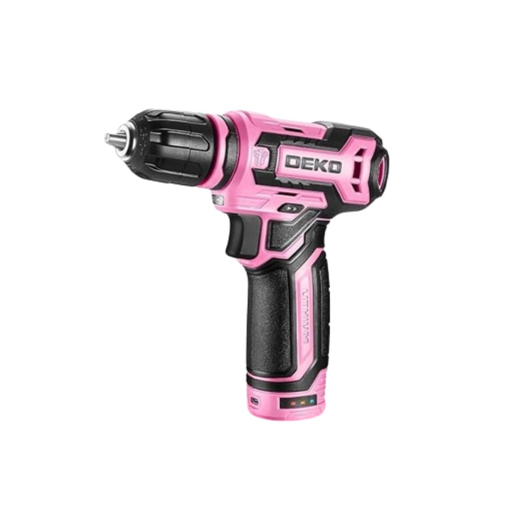 Set bormasina electrica DEKO PRO 12V, in cutie cu scule incluse, Roz/ Negru